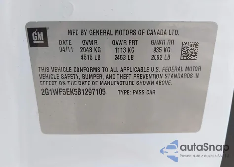 2011 Chevrolet Impala Ls z USA, uszkodzony, nr VIN 2G1WF5EK5B1297105